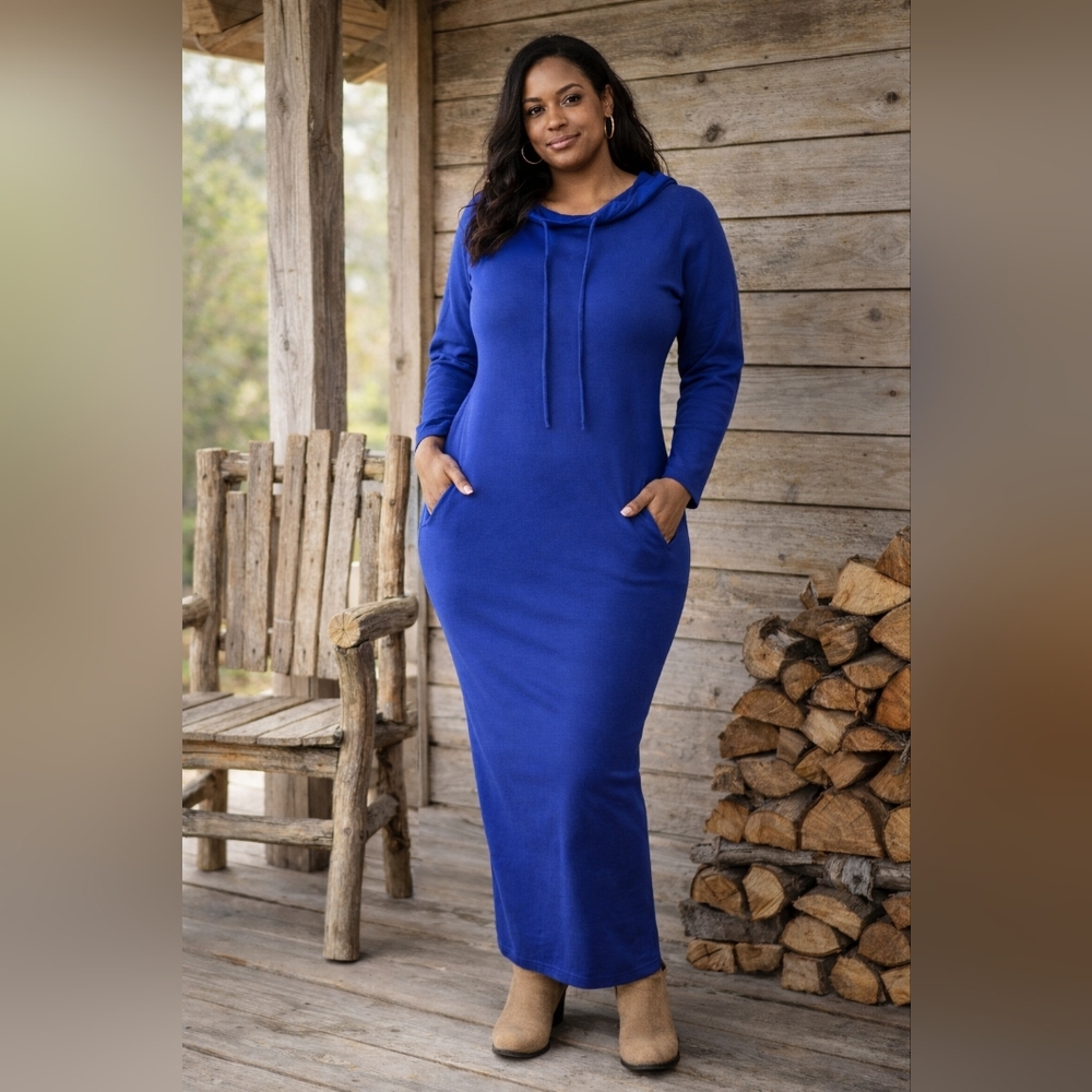 NEW Blue Hooded Long Sleeve Maxi Dress, Size 3X